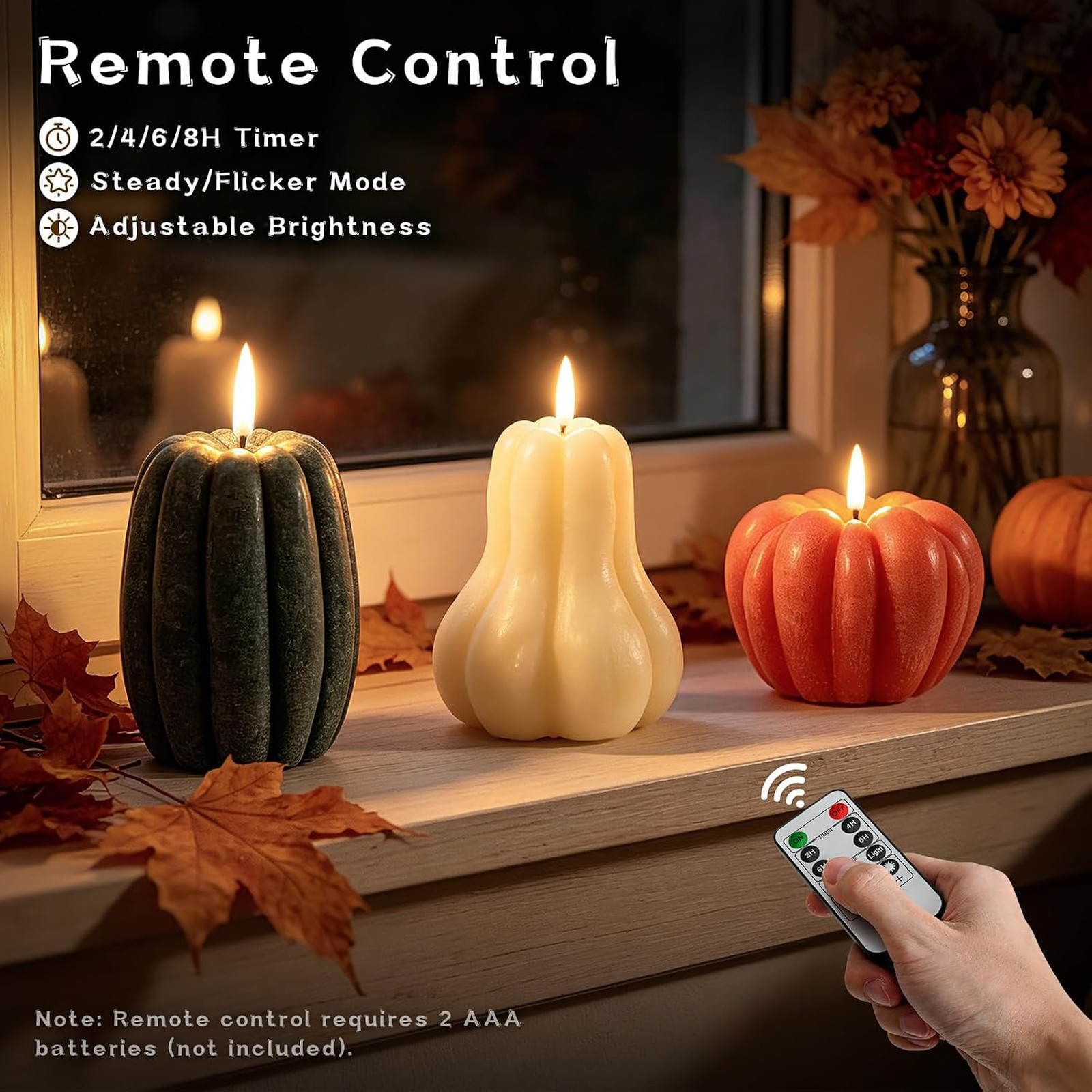 3 Pcs Fall Pumpkin Flameless Candles LED Battery Operated with Remote Real Wax