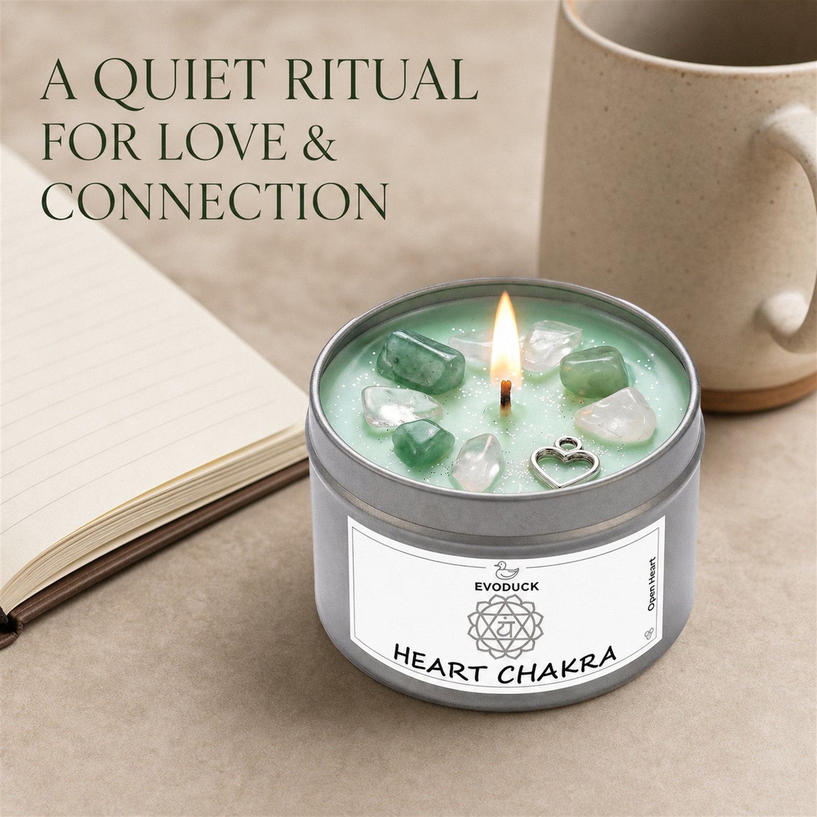 2-Pack EVODUCK Heart Chakra Healing Candles w/ Crystals, Rose, 3 oz