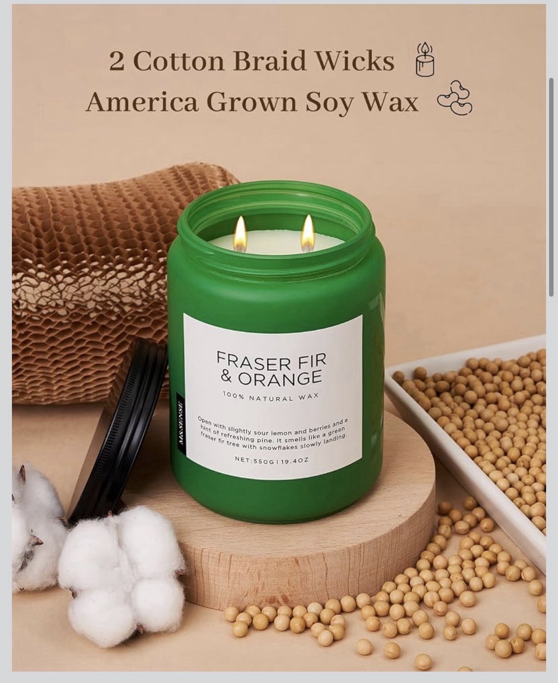 M&SENSE Frasier Fir & Orange Soy Wax Multiple Wick Candle 19.4oz Green Jar