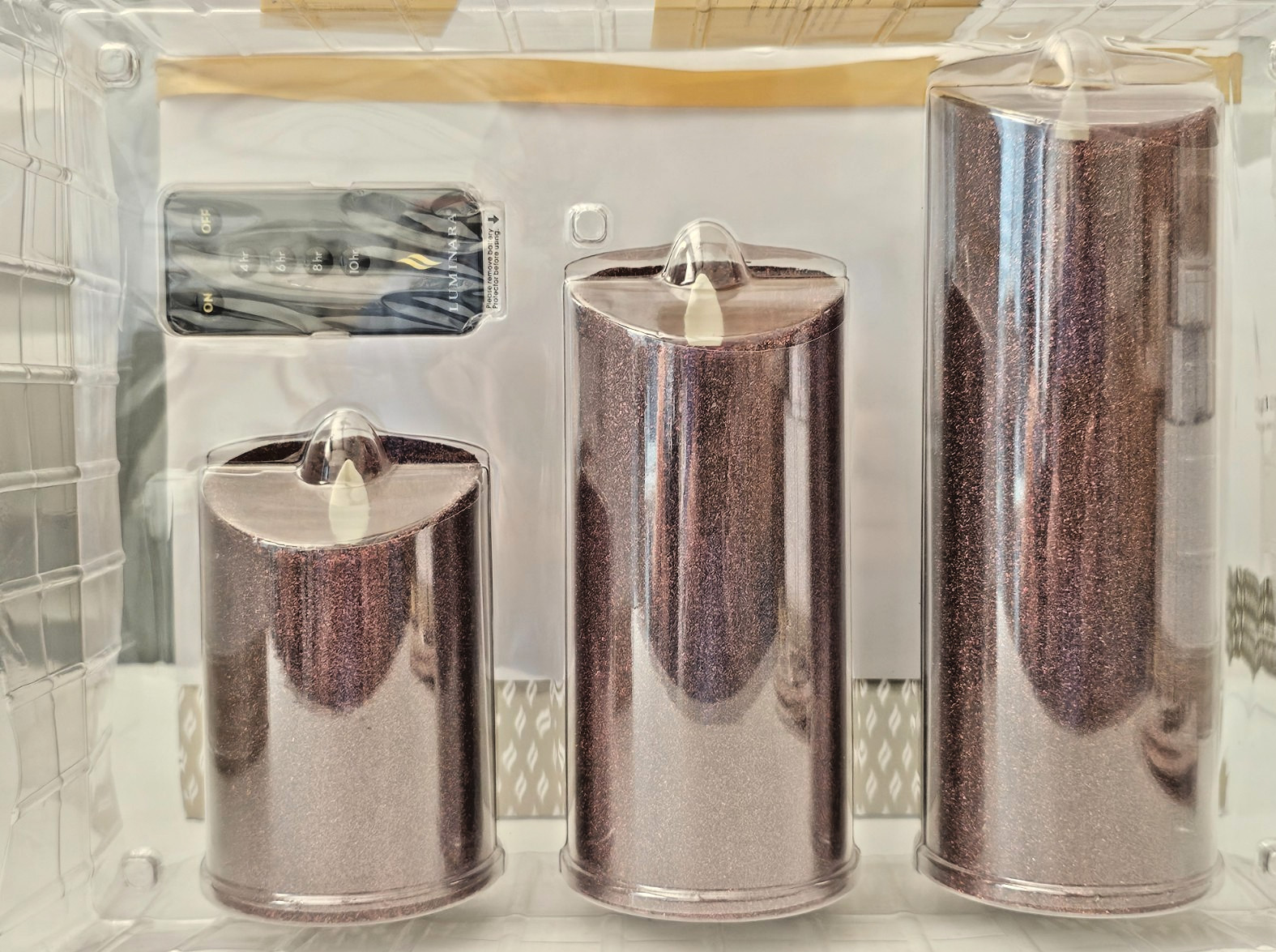 Luminara Brown Glitter 3 Pillar Candle Set Remote Control 5″, 7″ & 9″ X 3″