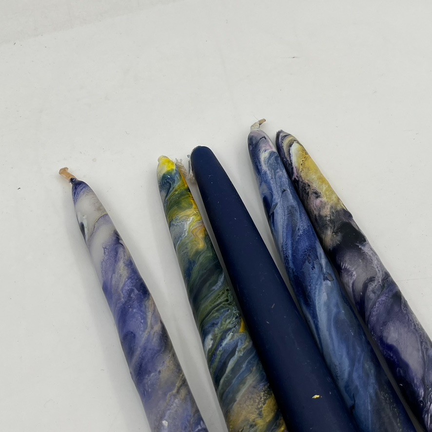 Vintage Mid-Century MCM Set of 5 11.5” Taper Candles Purple Gold Swirl “Tie Dye”