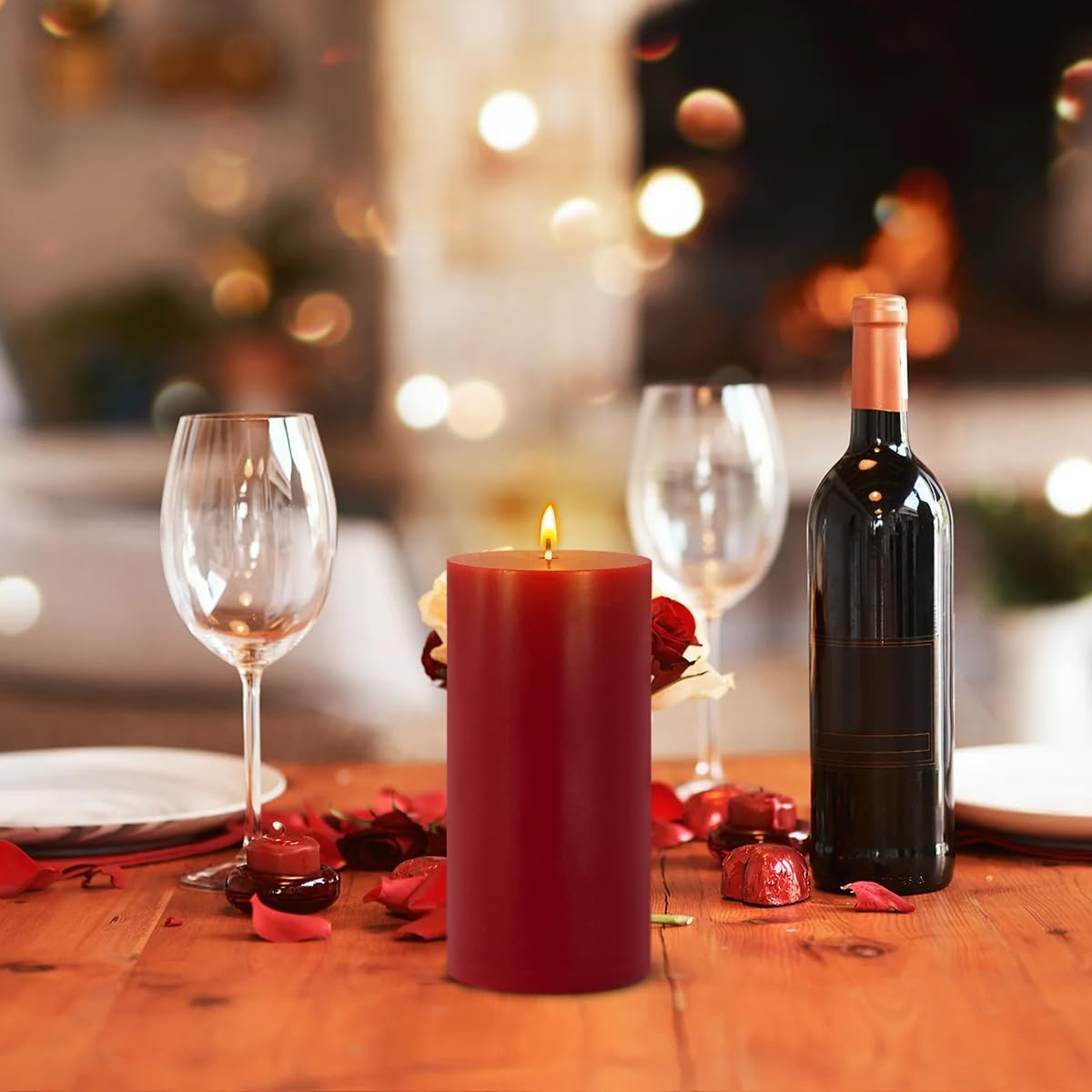Set of 3 Different Size Red Burgundy Pillar Candles, Unscented Dripless 2.75x…