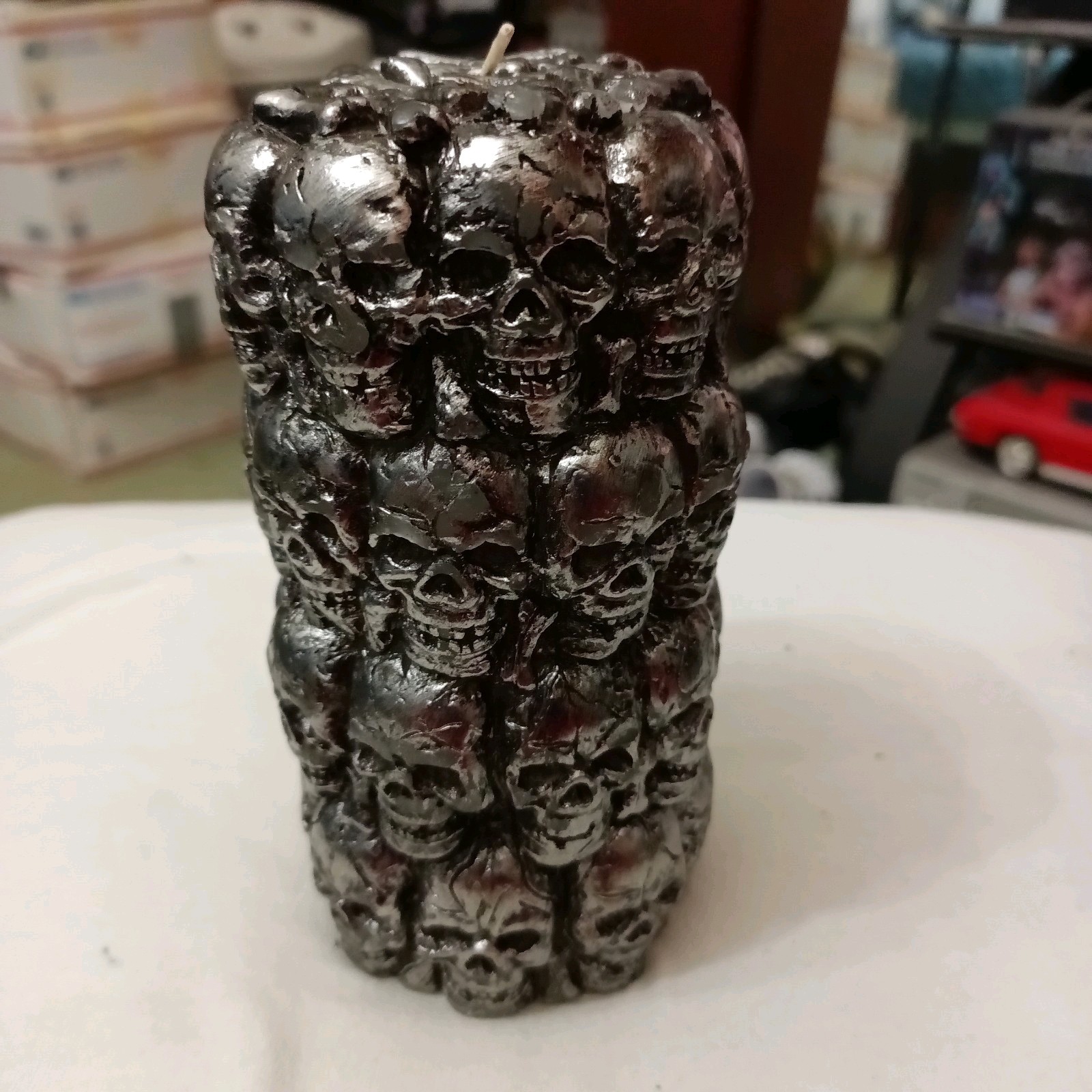 Skulls Wax Silver Pillar Candle 6in Tall 3in Wide New