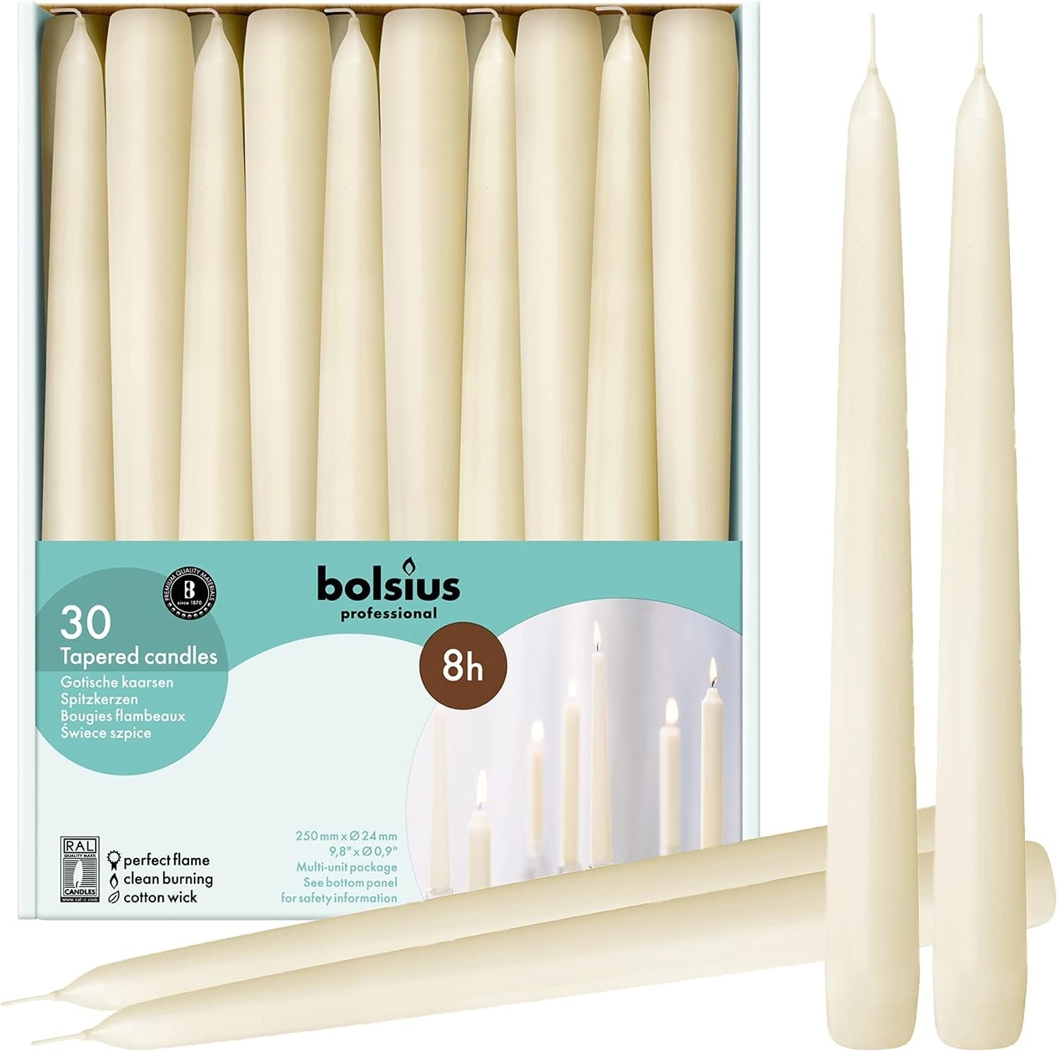 Long Burning Dripless Candles – 10″ Ivory Wax 30 Pack