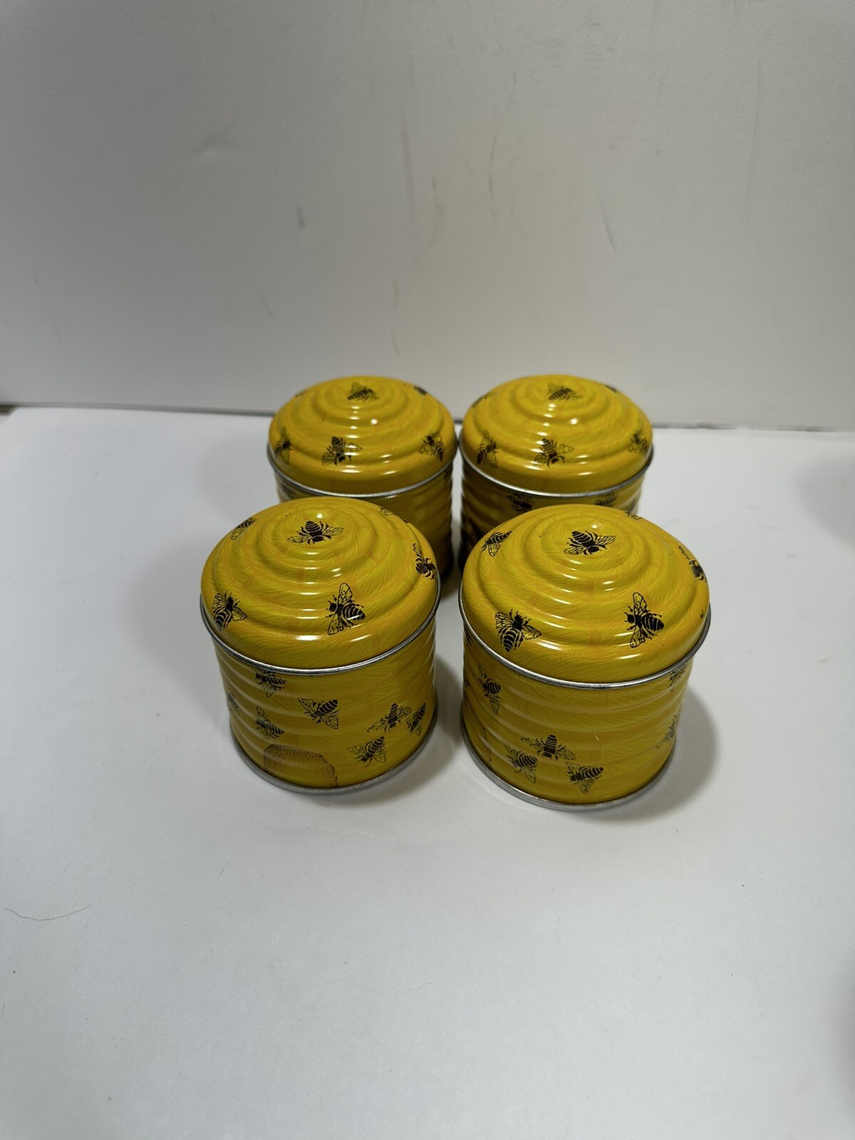 Vintage Beehive Bee Yellow Tin Candle Set Of 4 Made In Switzerland Very Rare!