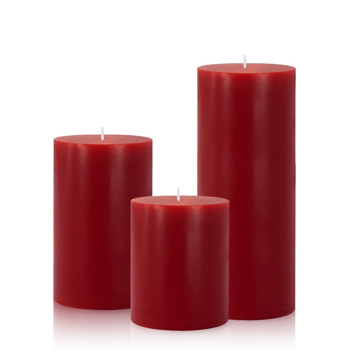 Set of 3 Different Size Red Burgundy Pillar Candles, Unscented Dripless 2.75x…