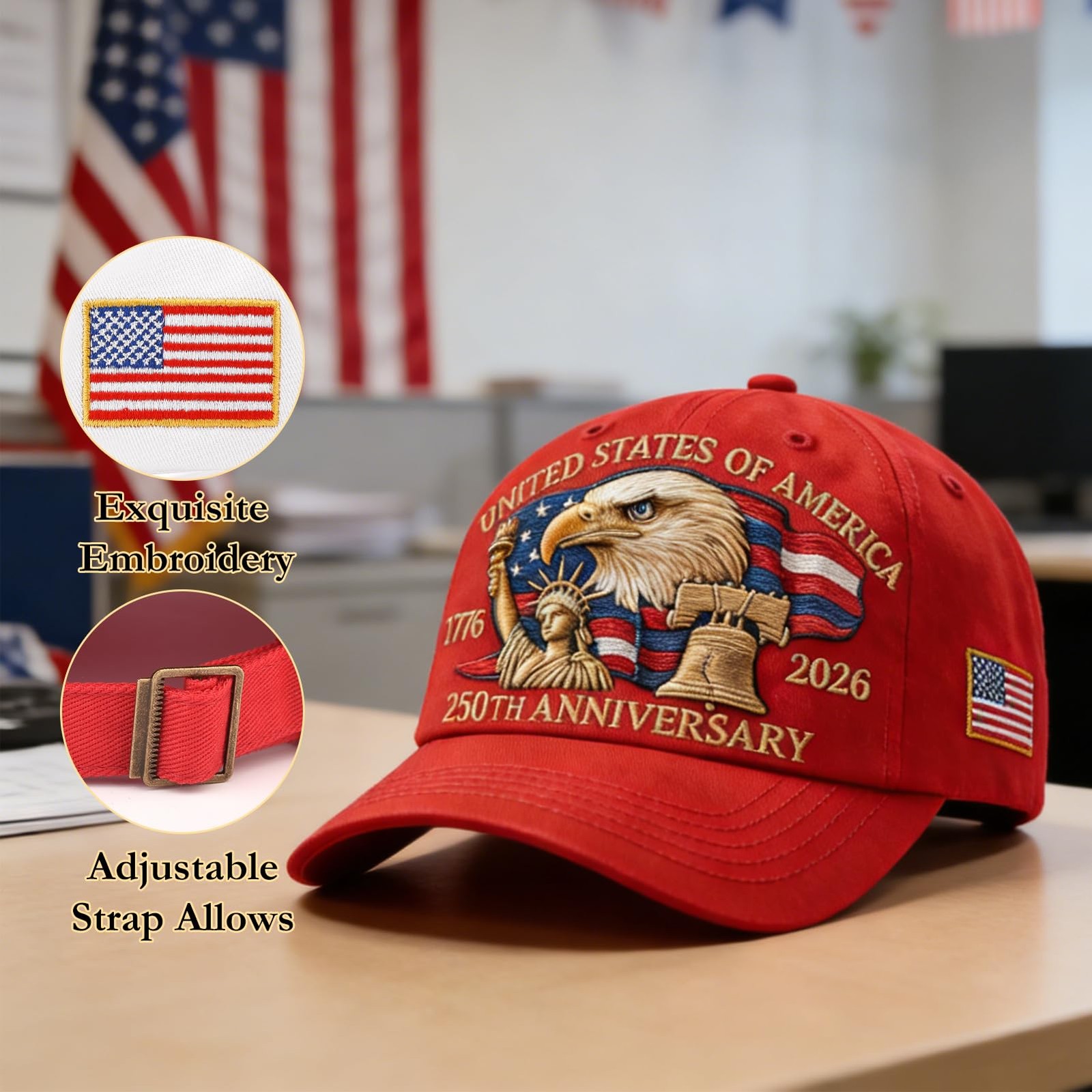 2Pack 250th Anniversary USA Hat Bald Eagle Embroidery Patriotic Baseball Cap …
