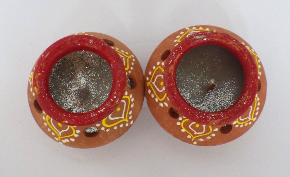 Terra Cotta Clay Diya Candles Hand Painted Set Of 2 India