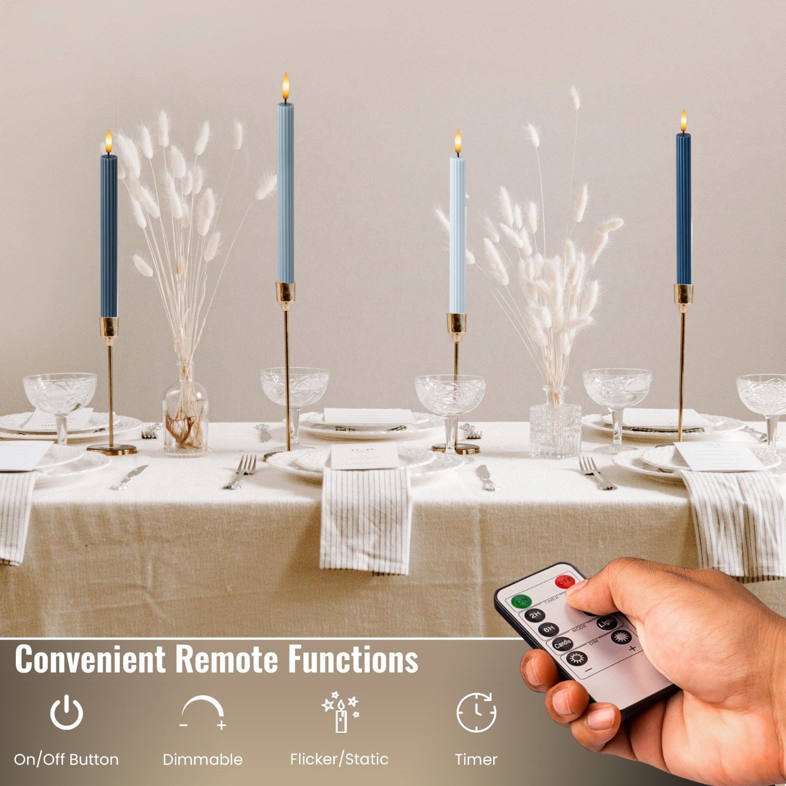10″ Fluted Ribbed LED Blue Grooved Pillar Candles Remote & 24h Timer Memory
