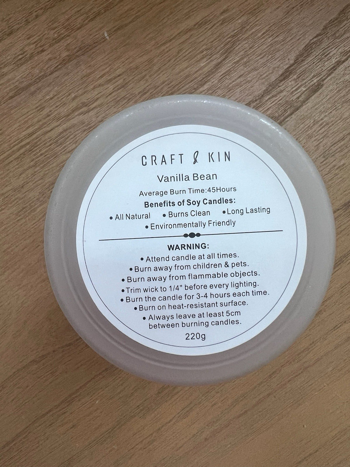 Craft & Kin Vanilla Bean Soy Candle 7.6oz / 220g. All Natural. NIB