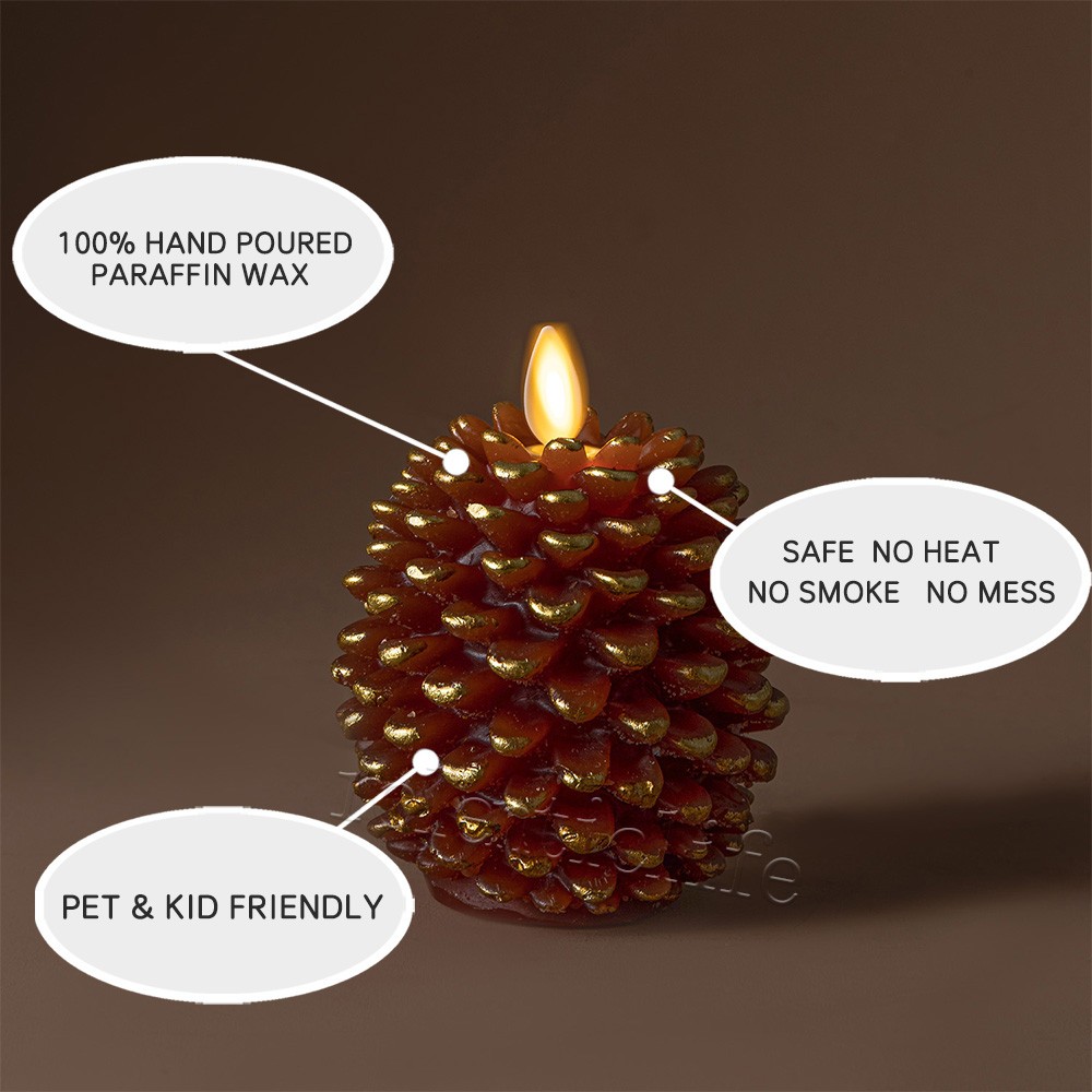 Luminara Flameless Brown Wax Pine Cone Candles with Remote for Home Decor Set 2