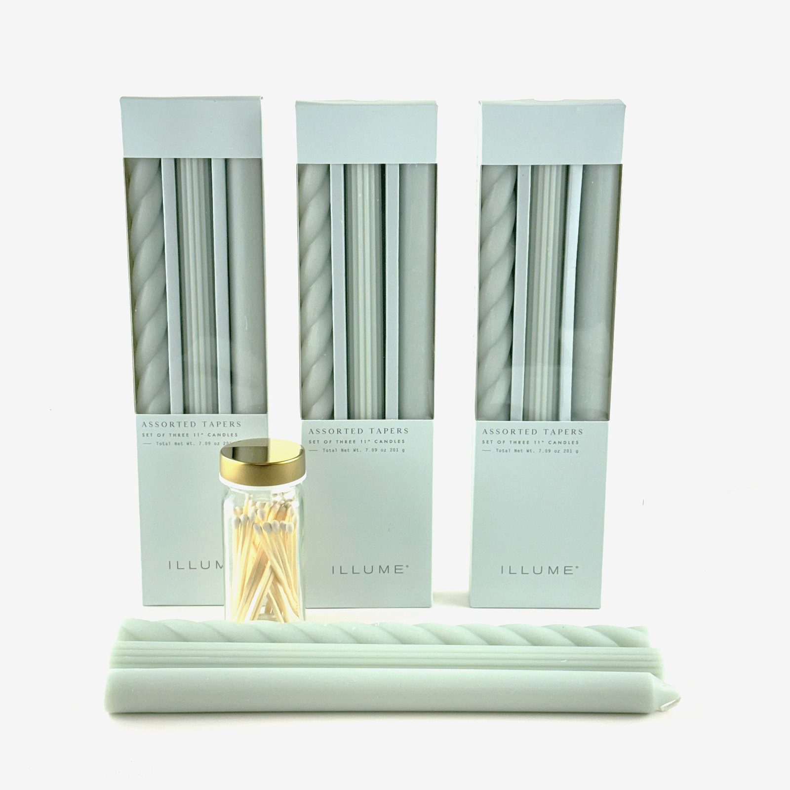 Illume Pale Blue Candle Tapers Set – 9 Tapers -Glass Match Holders -Retails $56