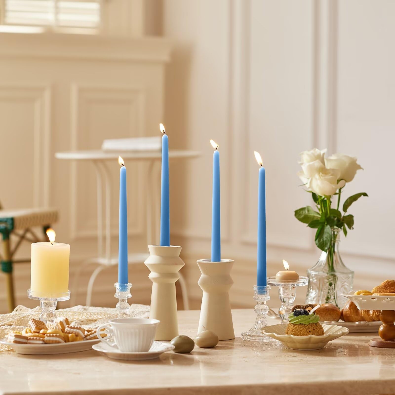 10 Inch Baby Blue Dripless Taper Candles Smokeless Unscented Long Burn 4 PCS