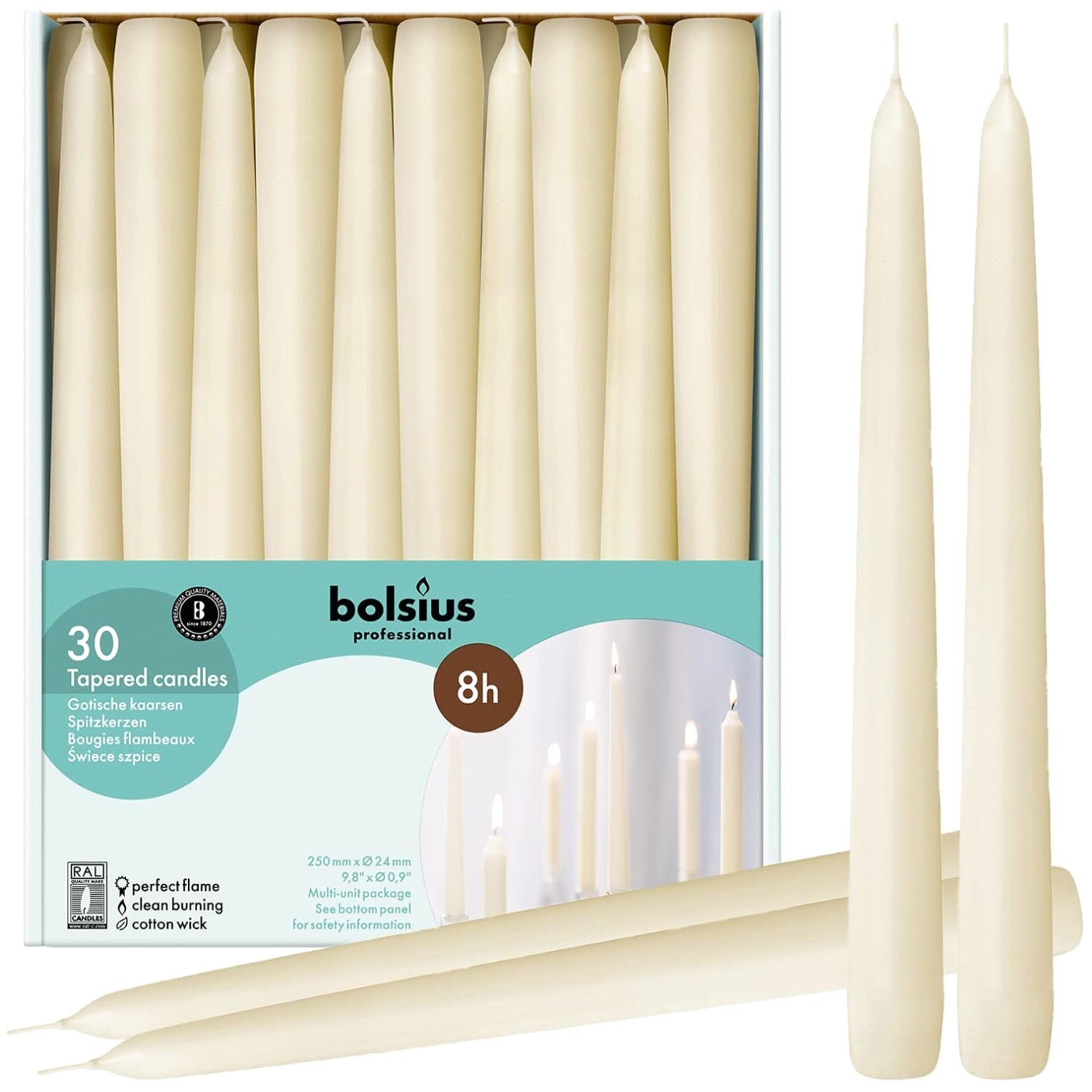 Long Burning Dripless Candles – 10″ Ivory Wax 30 Pack