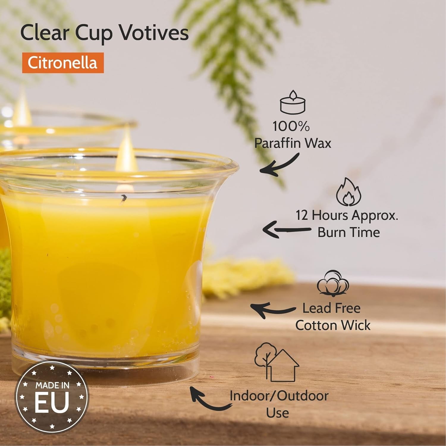 12 Hour Citronella Votive Candles – Clear Cup Design – 4 Pack – Art Deco Style
