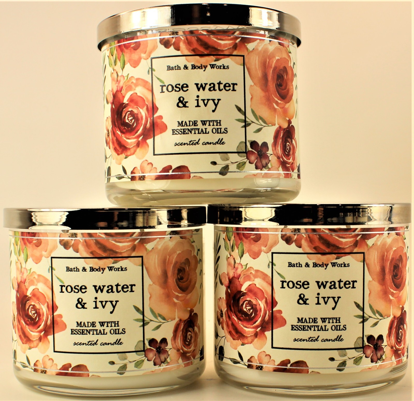 QTY 3 – Bath & Body Works ROSE WATER & IVY 3 Wick 14.5 Oz Scented Candle