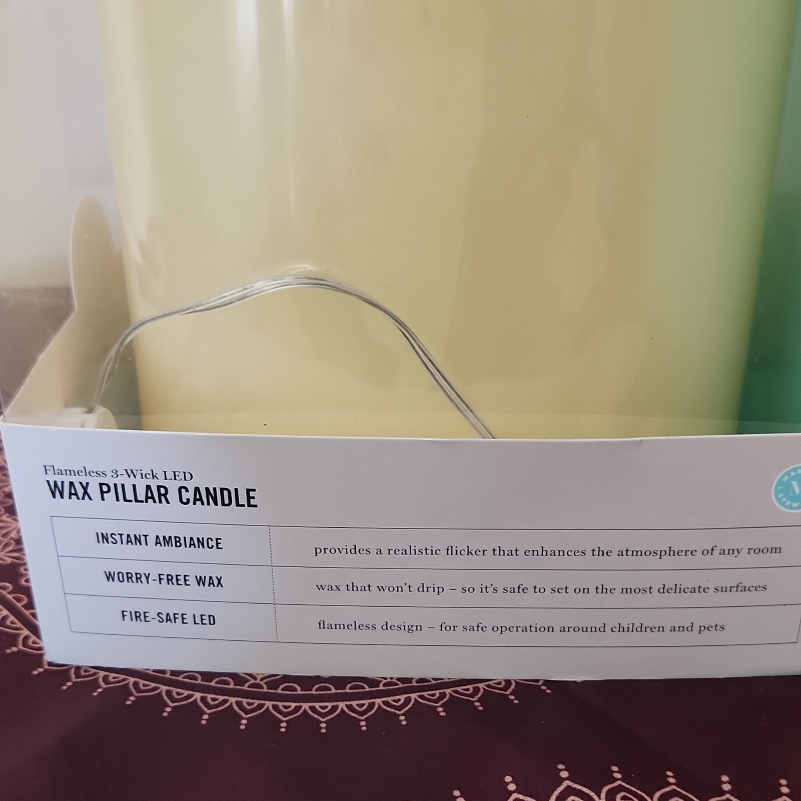 Martha Stewart Flameless 3-Wick LED Wax Pillar Candle Ivory 6in x 6in AA