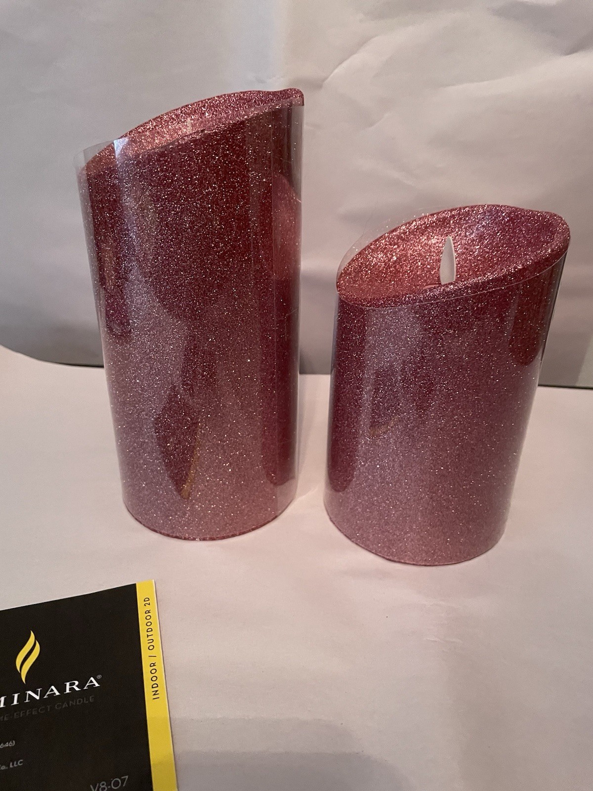 Luminara Flameless 5″ & 7″ Pink Glitter 2 pack Candle Set Timers and one remote