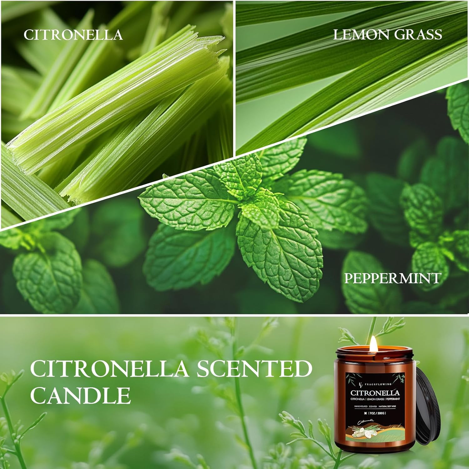 Citronella Candle, Indoor Outdoor Lemongrass Scented Candle，Natural Soy Wax Jar