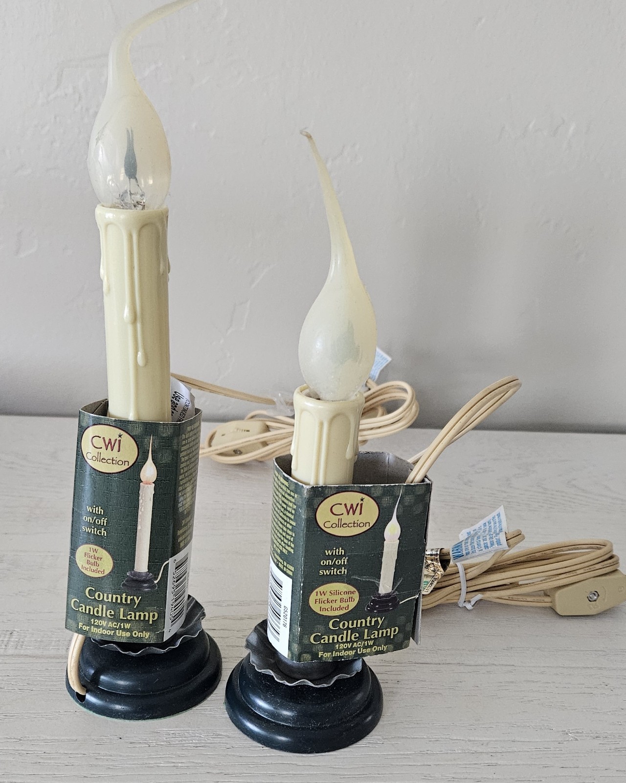 Rustic Country Candle Lamp 5 & 7 Inch On/Off Switch Metal Trim Plug-in Electric