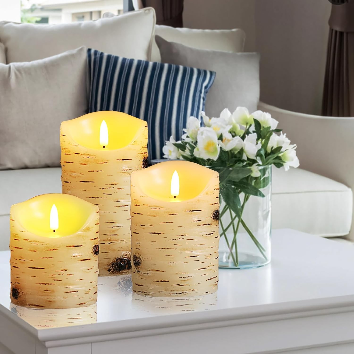 Flameless Candles LED Candles Birch Bark Set of 3 D 3.25″ x H 4″ 5″ 6″ Ivory …