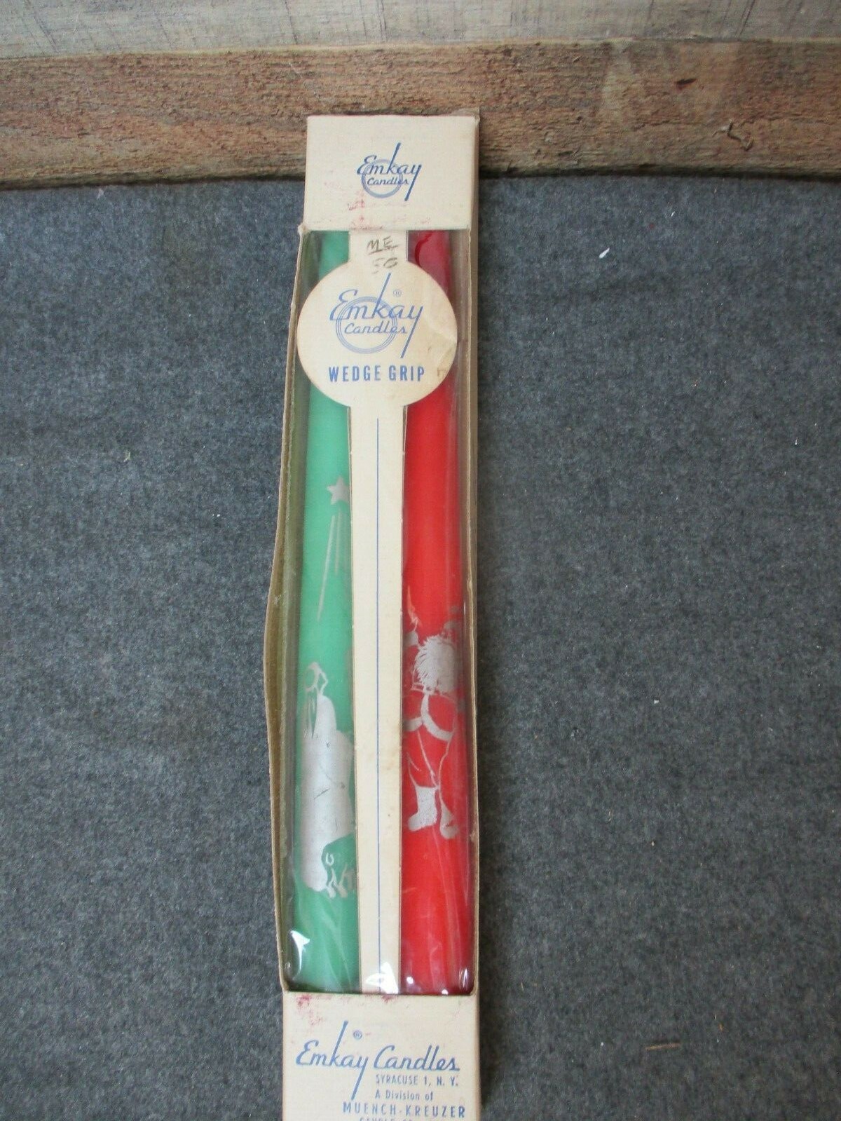 Vintage Emkay Christmas Taper Candles 12″ Pair – Red & Green – Santa & Shepherd