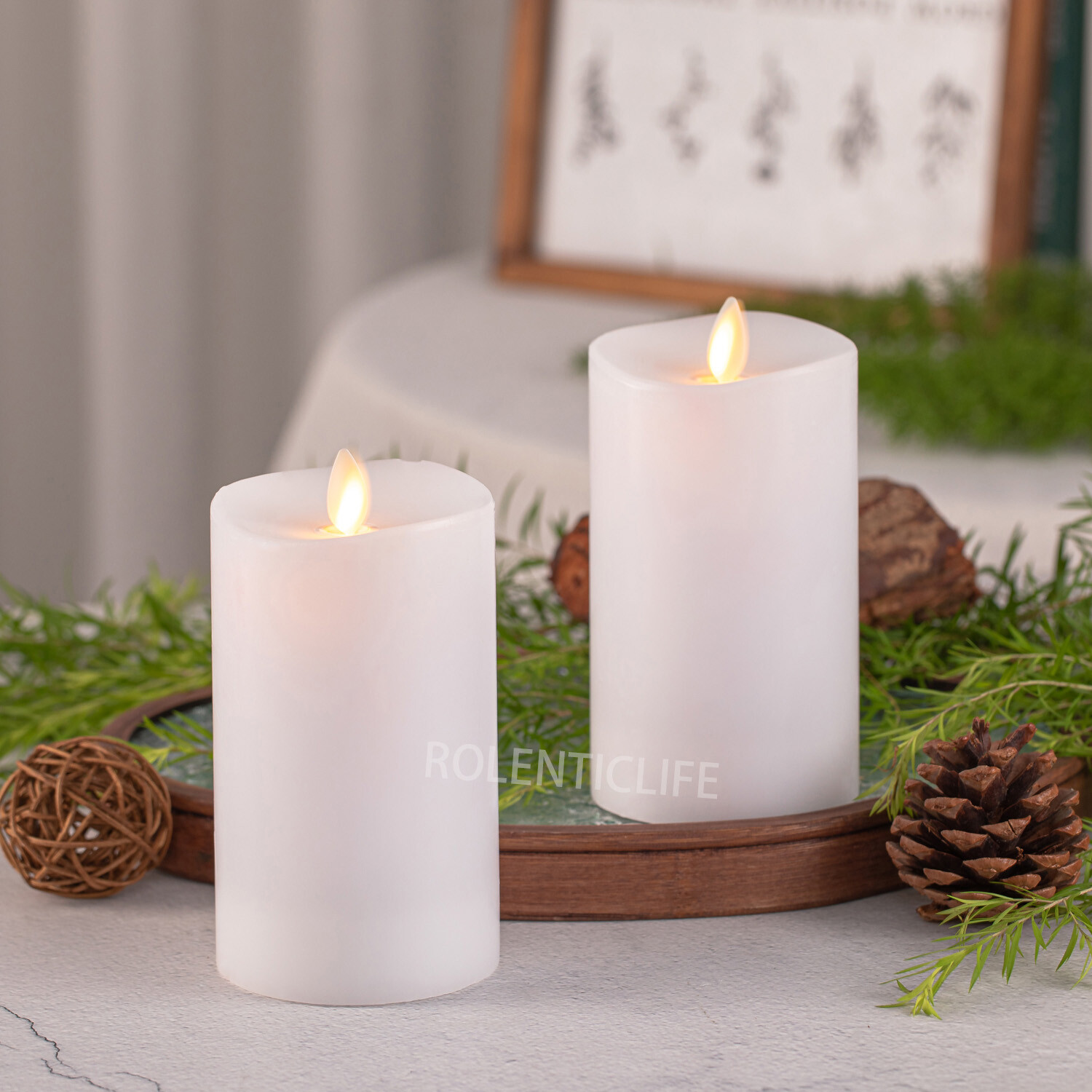 Luminara Flameless LED Moving Flame Pillar Wax Candles with Remote White Unscent