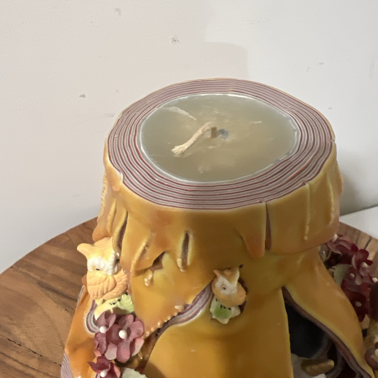 Vintage Candle Woodland Sculpted Tree Stump Elf Deer Owls Hand Carved Wax Art