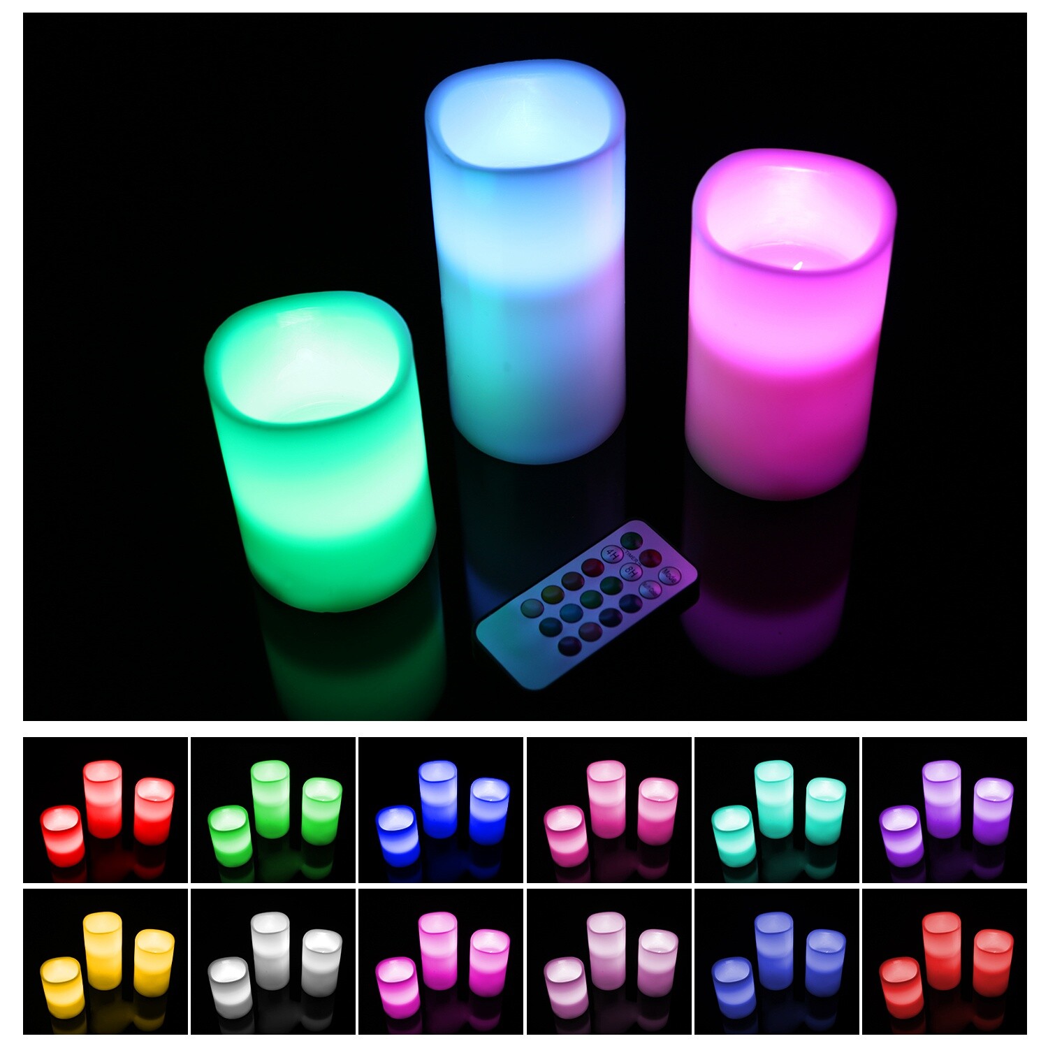 3pc LED Flameless Candles 4″ 5″ 6″ Pillar 12 Color Changing w/ Remote Control