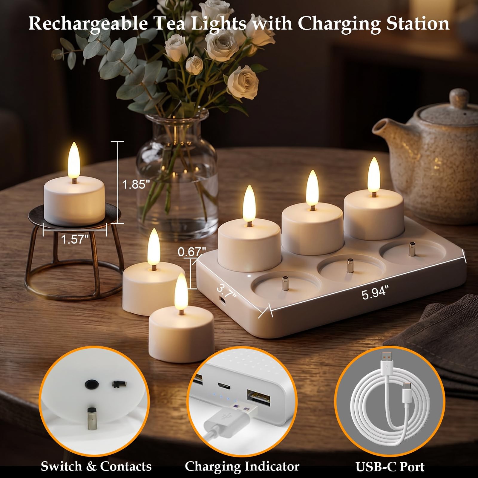 Rechargeable Tea Lights Candles with Charging Base, 6pcs Battery Operated Fla…
