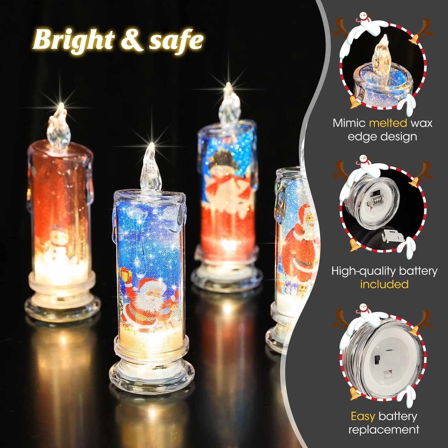 Flameless LED Candles Set of 4 with Santa Claus, Snowman Decals – Battery Ope…