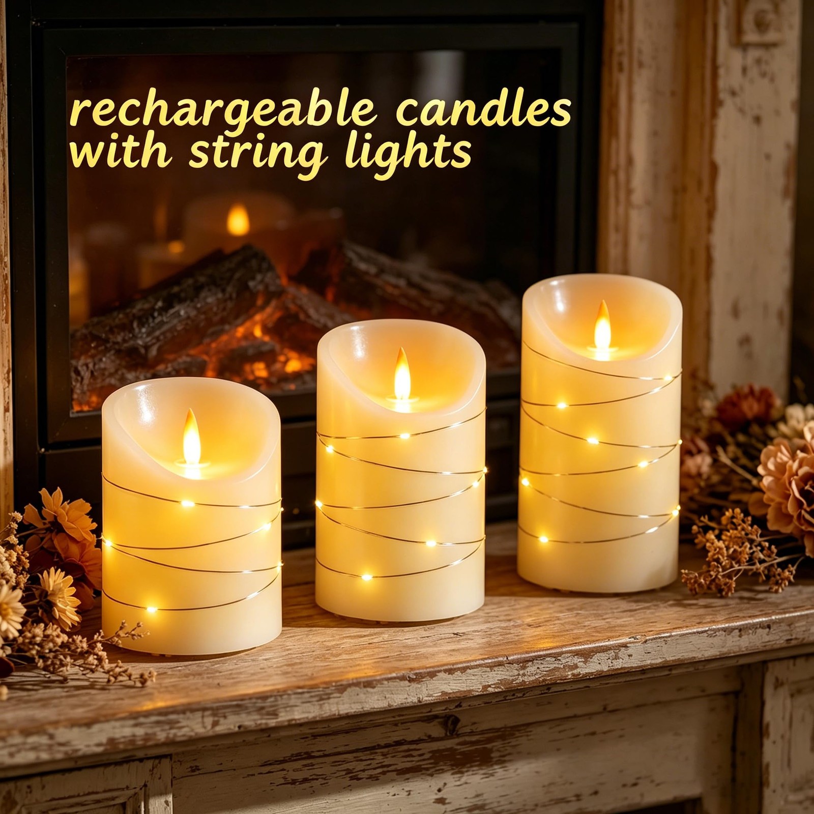 Rechargeable LED Candles, Real Wax, 4 5 6 in, Ivory, 3 Pack | USB Rechargeabl…