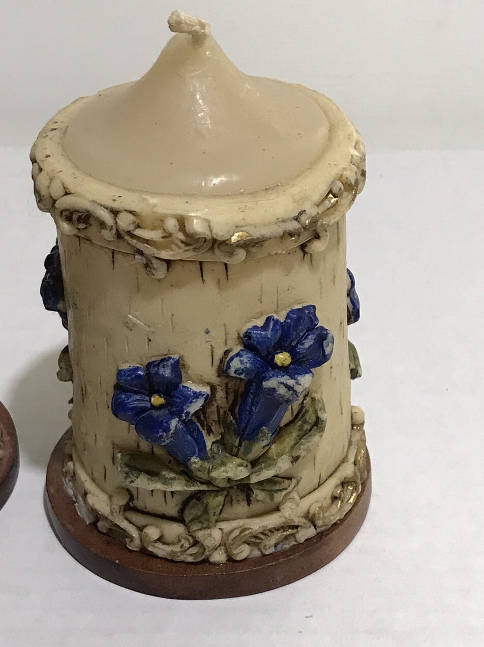 Vintage Set Of 2 Carved Flower Pillar Candles Hand Painted With Wood Base