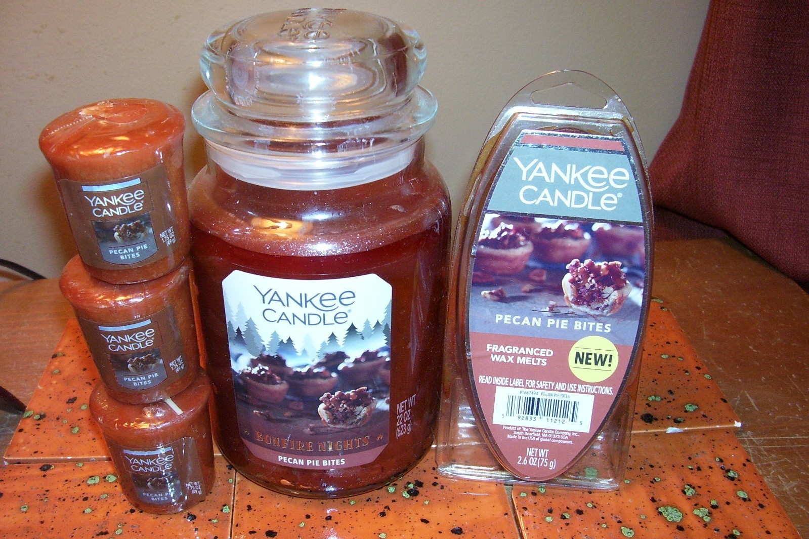 yankee candle 22oz JAR PECAN PIE BITES + PKG WAX MELTS + 3 VOTIVES