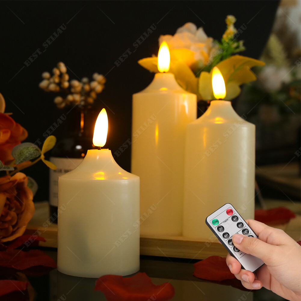 Set of 3 Flickering Flameless LED Candles with Timer Remote Battery Operated