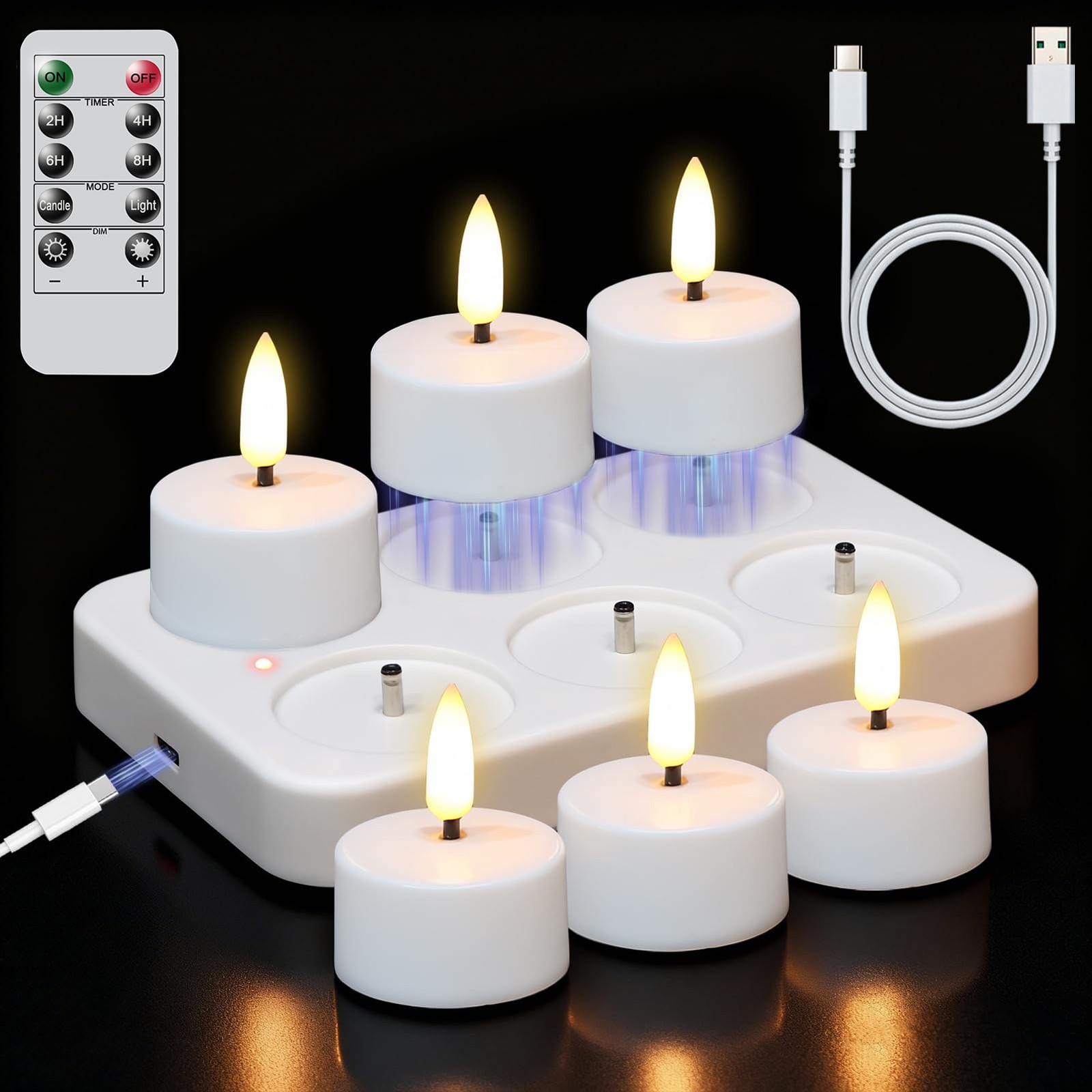 Rechargeable Tea Lights Candles with Charging Base, 6pcs Battery Operated Fla…