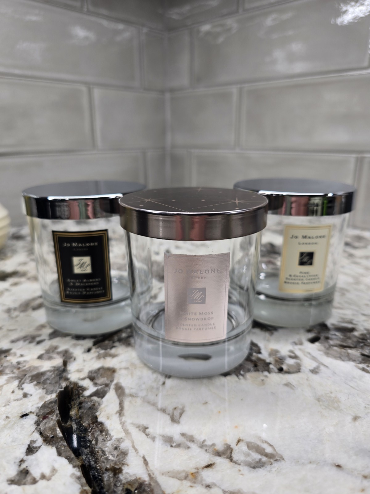 3 – Jo Malone Candle Jar EMPTY Snow Drop, Sweet Macaroon, & Pine Euc + Gift Box