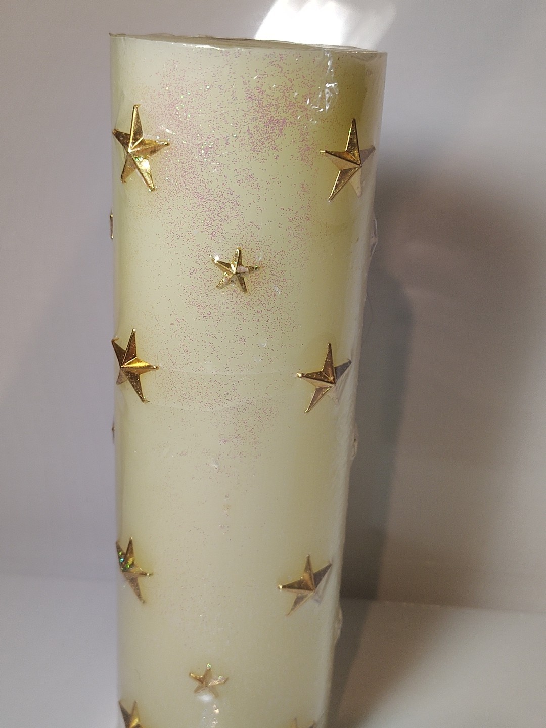 Vintage “A Touch of Gold” Wax Pillar Candle Glitter Cream Gold Stars 9.25″ New