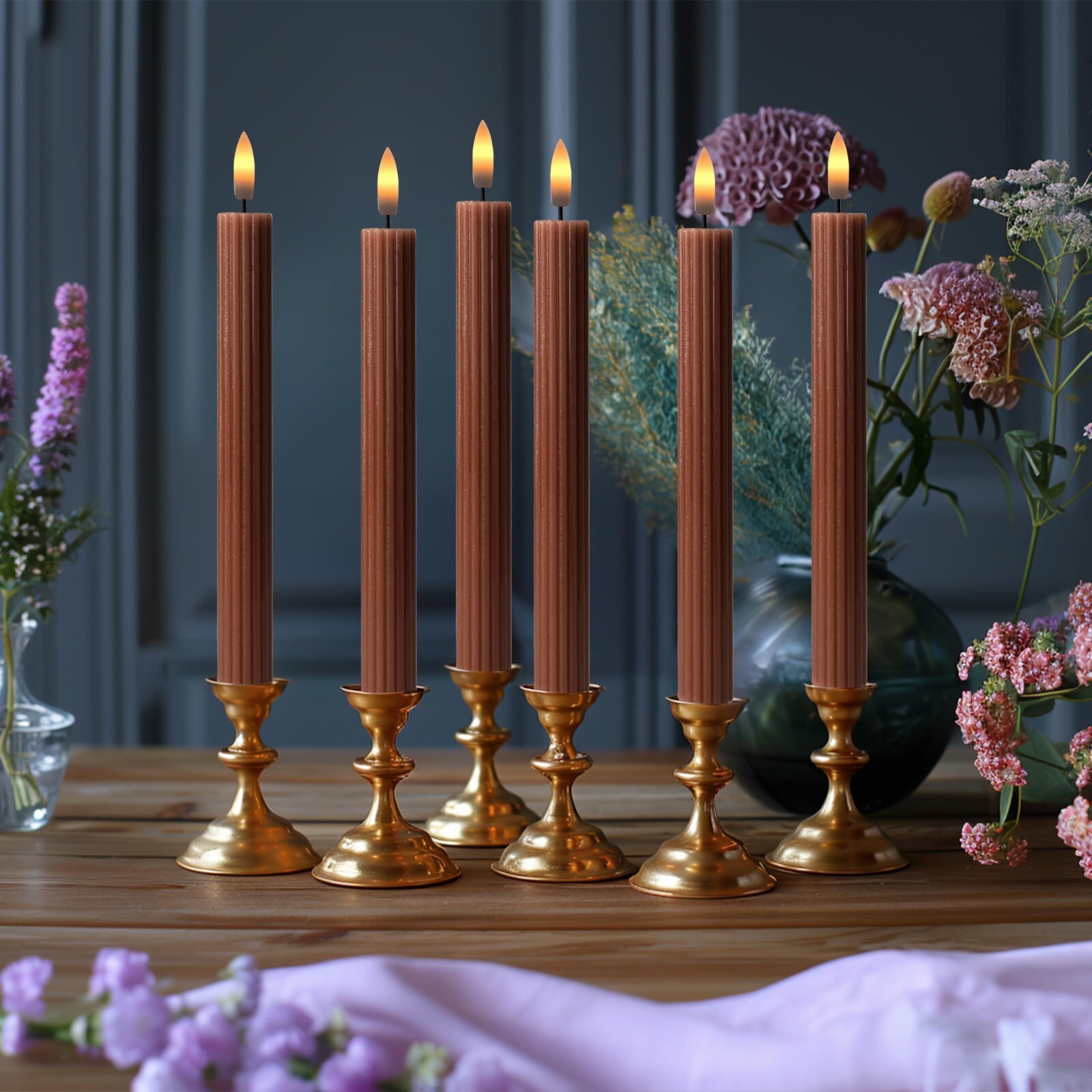 10″ Fluted Ribbed LED Brown Tan Grooved Pillar Candles Remote & 24h Timer Memory