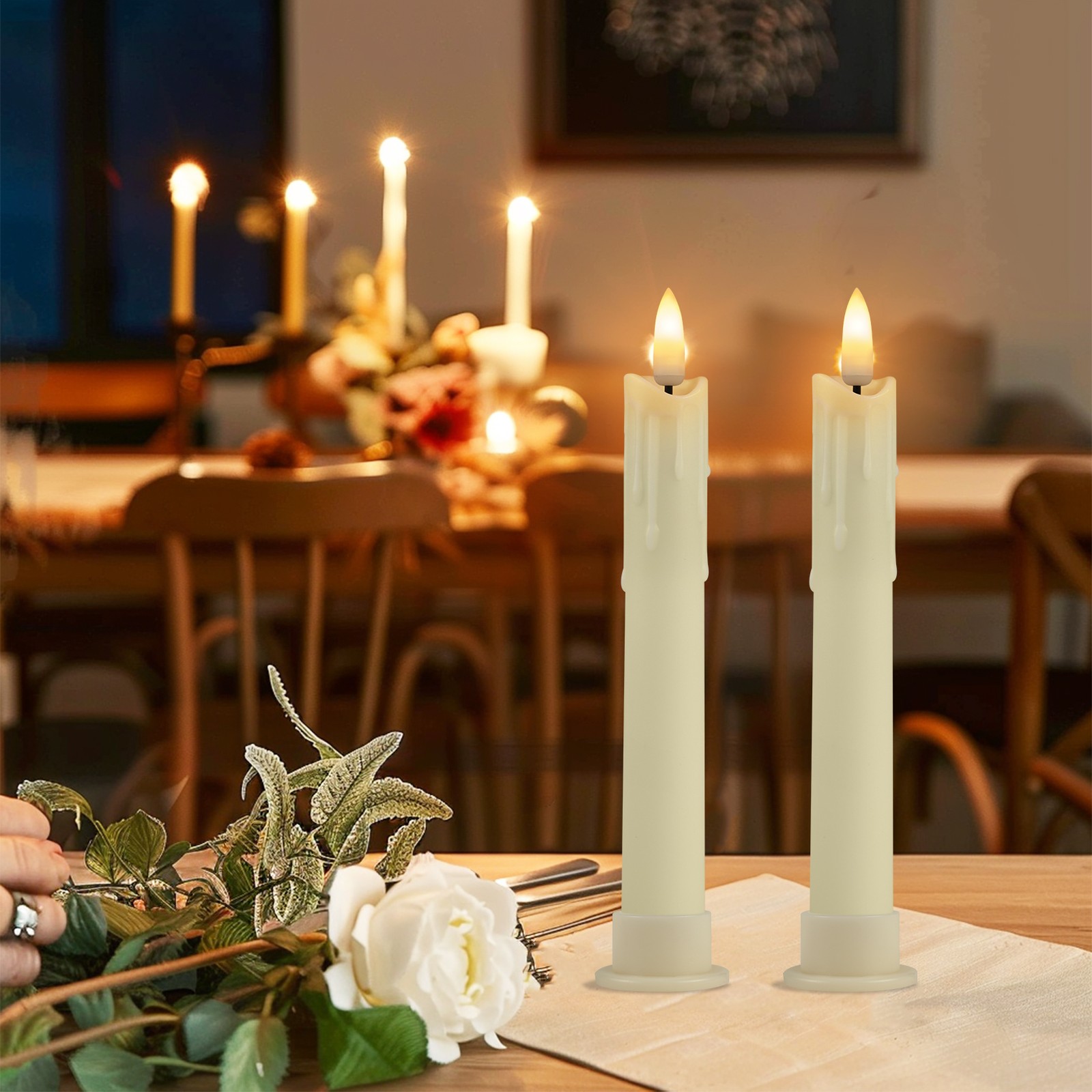 Set of 6 LED Flameless Flickering Taper Candles light with Holders Timer Remote