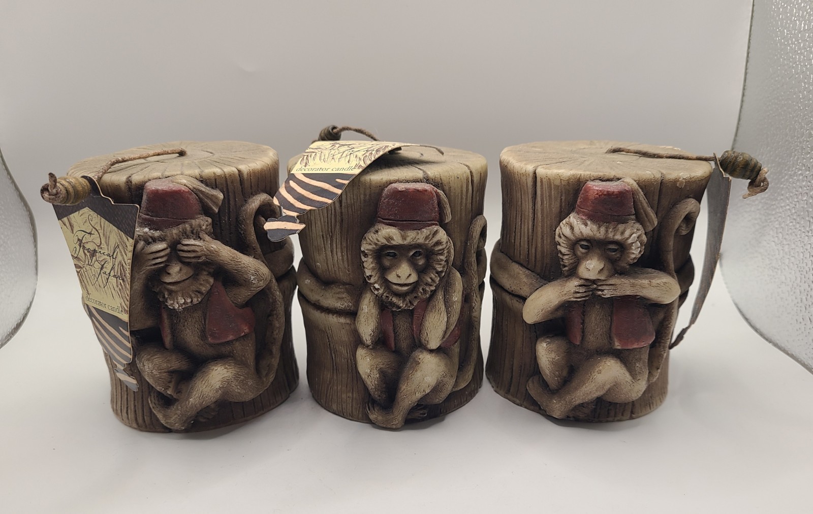 LAVA Living Arts Tropical Safari Monkey Candles Set 3 Wise Monkeys Decor 4” NOS