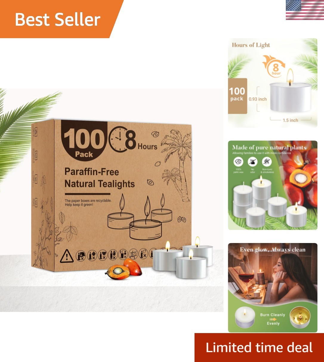 Tea Candles 100 Pack – 8 Hour Burn Time,Unscented Tea Lights Candles for Shab…