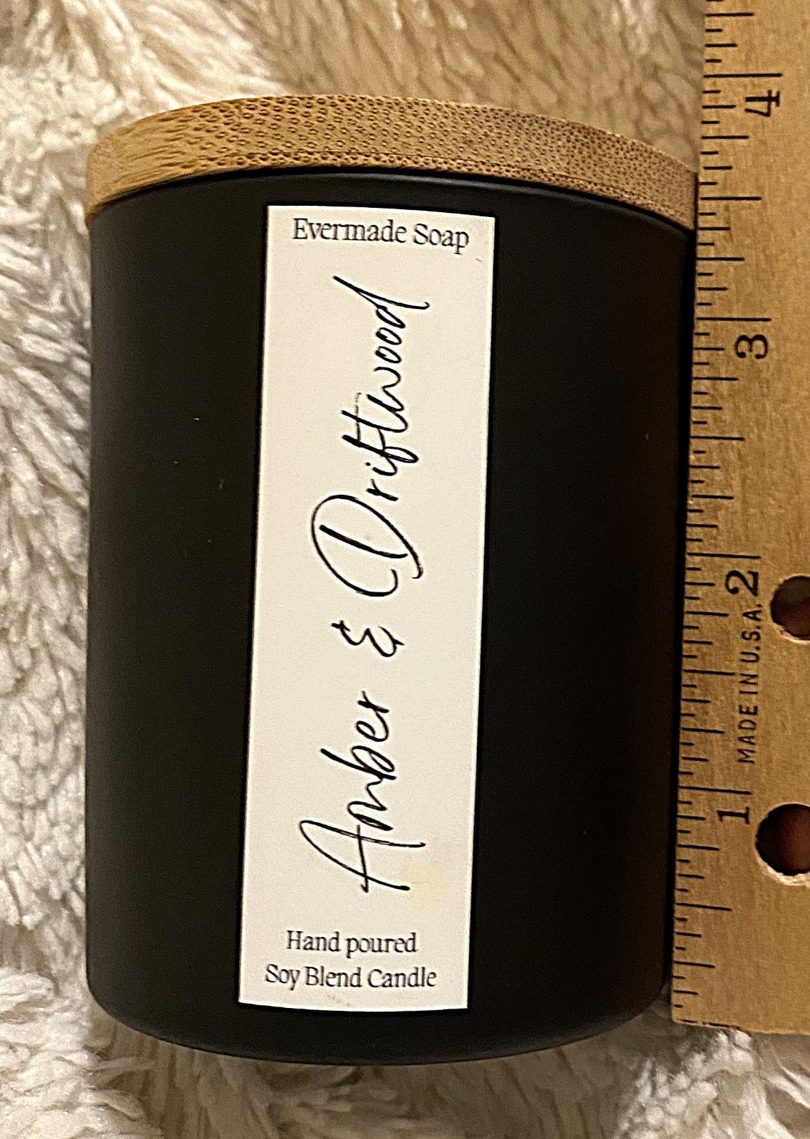 Driftwood & Amber Soy Blend 5 oz Candle Black Glass Jar Wood Top Earthy Musk