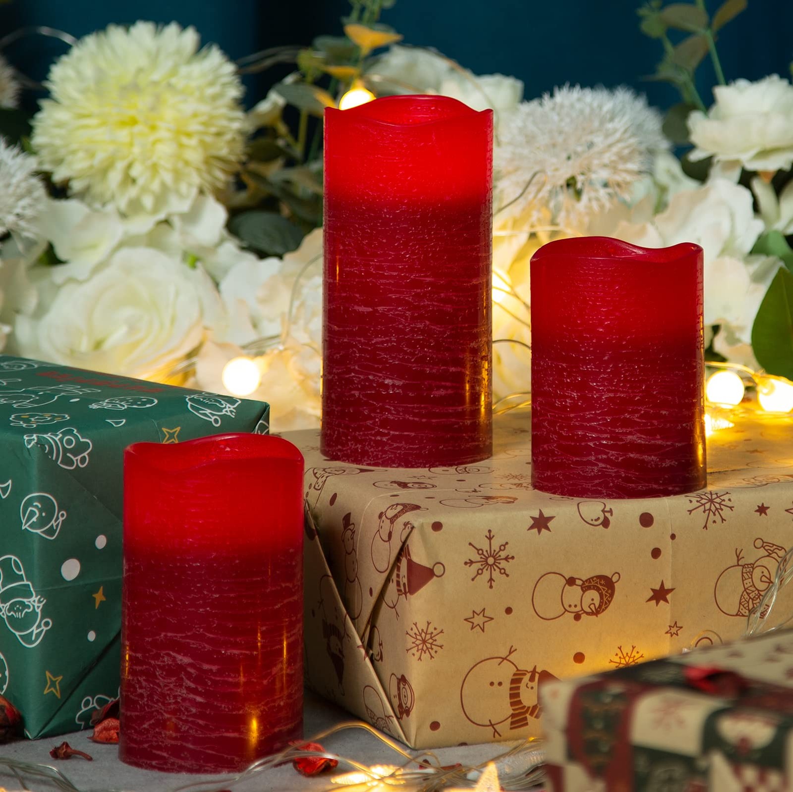 Red Flameless Candles Real Wax LED Pillar Candles Battery Operated with Cycli…
