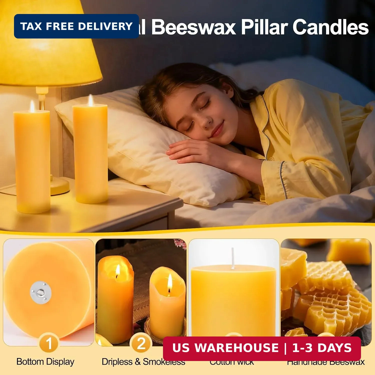 3 Pack Natural Beeswax Pillar Candles,2x6in Large Pure Beeswax Candles-180 Hours