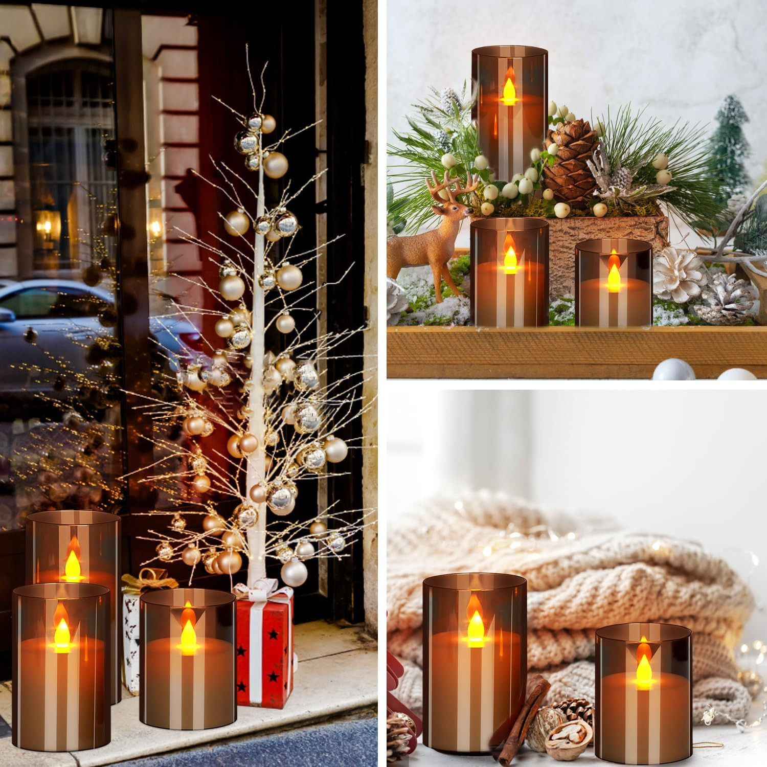 Flameless Candles 4″ 5″ 6″ Set of 3 Acrylic Glass Pillars 3″ Diameter Battery Op