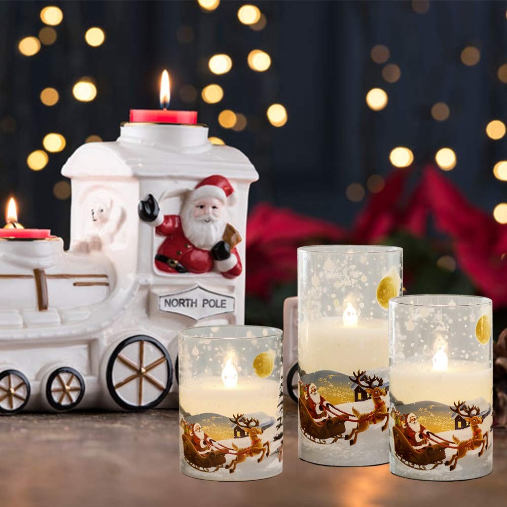 Santa Claus Glass Flameless Candles Remote and Timer, Battery Operated Real W…