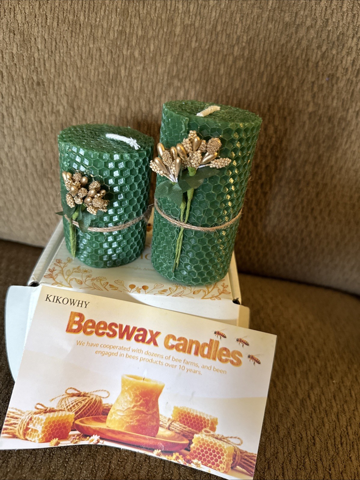 Set Of “2” Green Beeswax Candles In A Gift Box