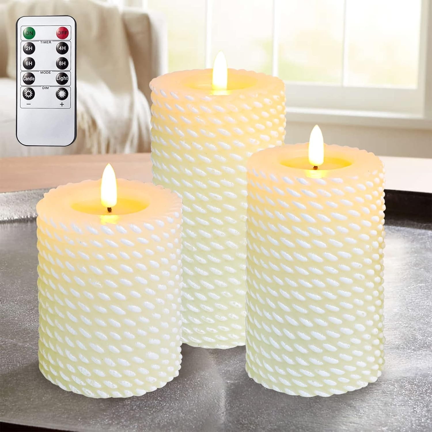 White Flameless Candles,Corded Pattern Carving Battery Operated Candles with …