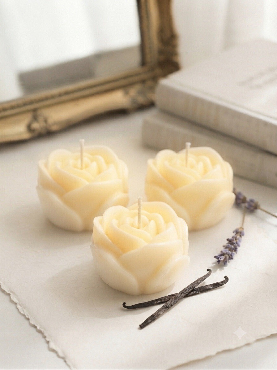 White Rose Shaped Decorative Soy Wax Candles, Set of 3 Floral Novelty Decor